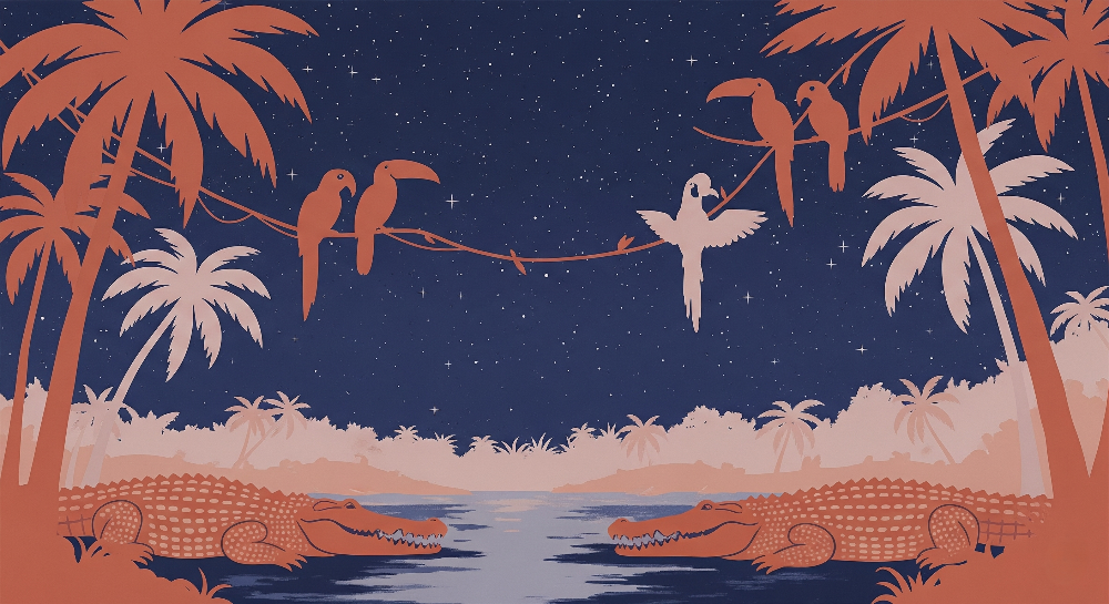 Moonlit Jungle Parrots and Crocodiles Wall Mural