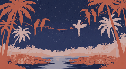 Kids-Mundo flat artwork of a moonlit jungle scene with parrots and crocodiles