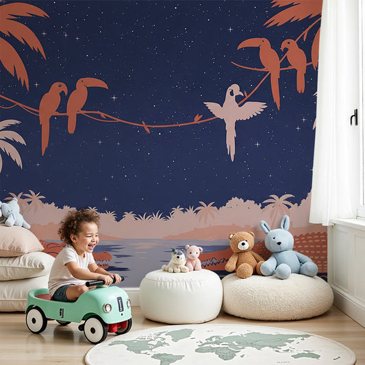 Kids-Mundo moonlit jungle wall mural with parrots styled in a kids bedroom