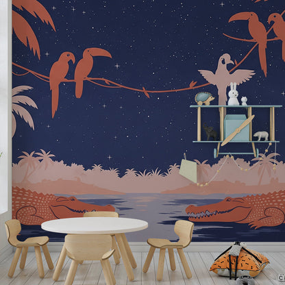 Kids-Mundo moonlit jungle wall mural fitted in an adventure-themed playroom