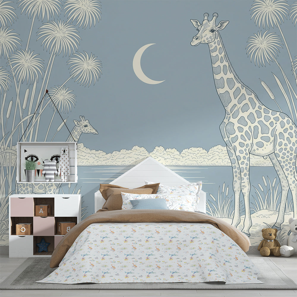 Kids-Mundo moonlit lake giraffe mural on a calm feature wall in a children's bedroom