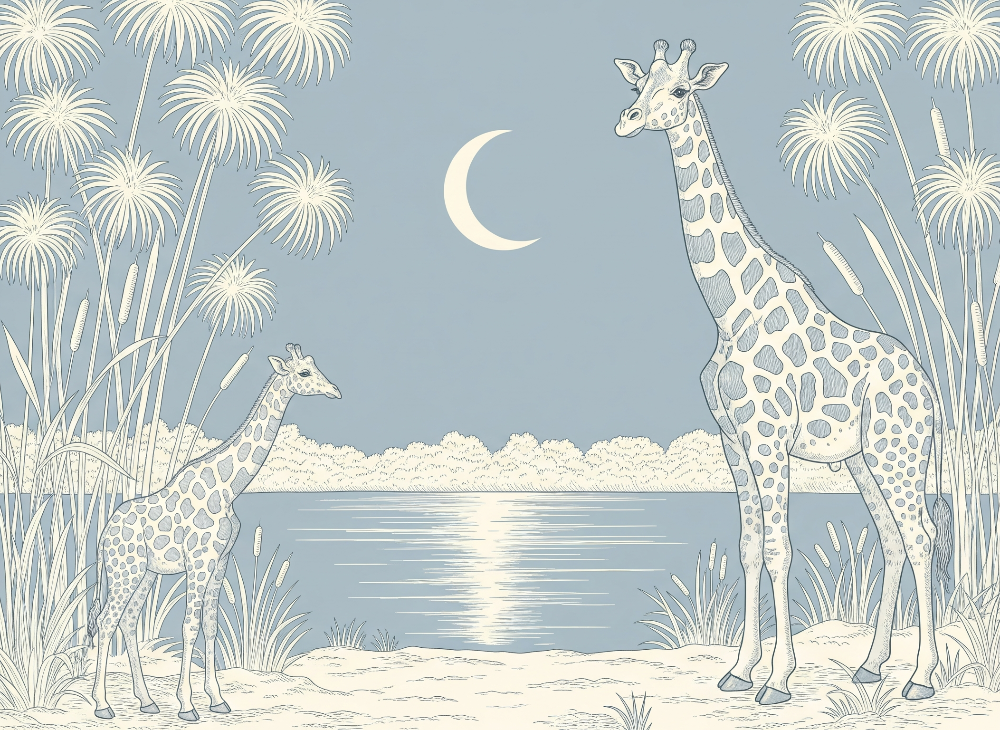 Giraffe Moonlit Lake Wall Mural