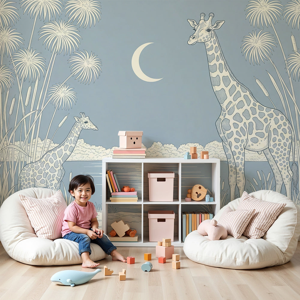 Kids-Mundo giraffe moonlit lake wall mural styled in a soft blue-toned nursery with a cot