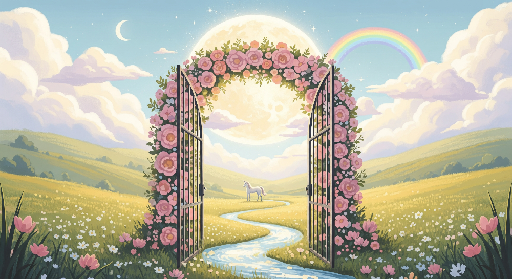 Kids-Mundo flat artwork preview of the moonlit meadow wall mural design with a rose gate and unicorn.