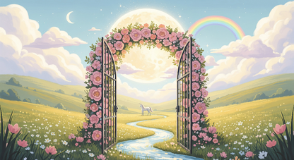 Kids-Mundo flat artwork preview of the moonlit meadow wall mural design with a rose gate and unicorn.