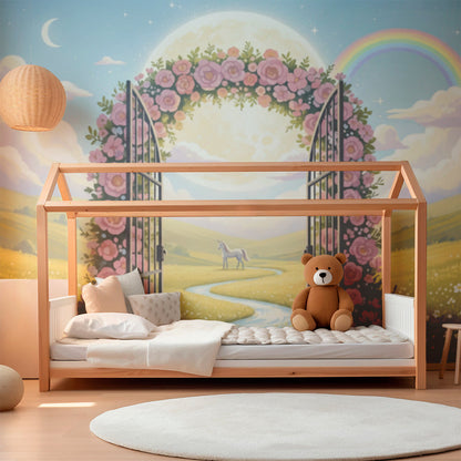 Kids-Mundo moonlit meadow mural mockup displayed on a bright children's playroom wall.