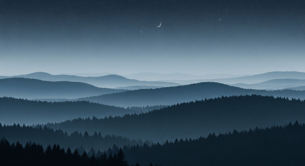Flat artwork preview of the Kids-Mundo moonlit mountain forest wall mural with a crescent moon and stars