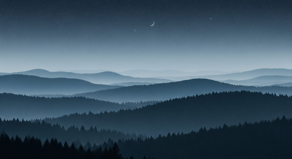 Flat artwork preview of the Kids-Mundo moonlit mountain forest wall mural with a crescent moon and stars