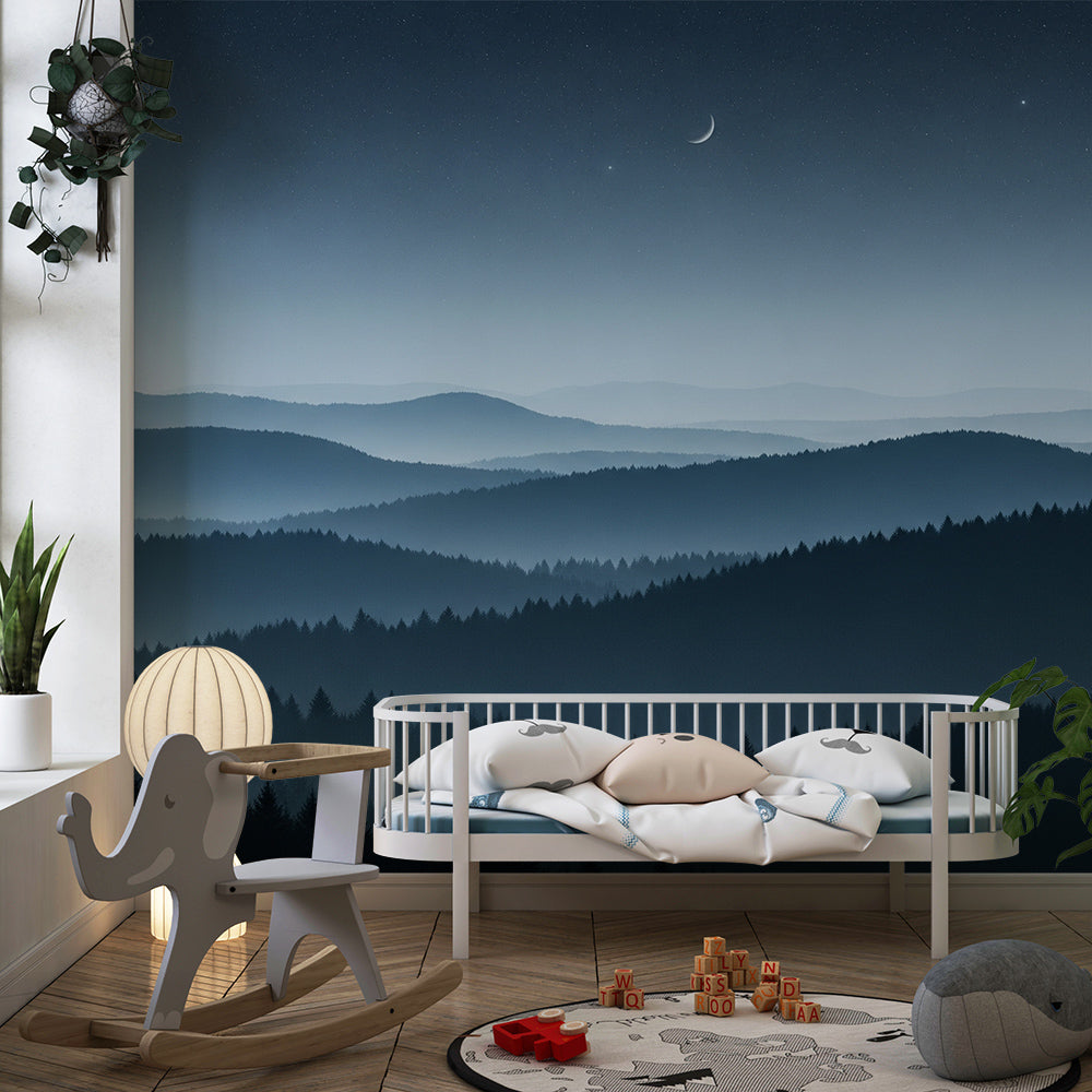 Kids-Mundo moonlit mountain mural fitted in a playroom with layered navy and slate blue tones