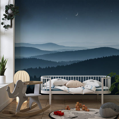 Kids-Mundo moonlit mountain mural fitted in a playroom with layered navy and slate blue tones