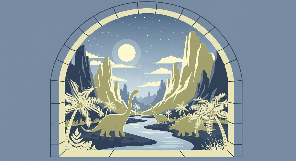 Kids-Mundo flat artwork preview of the moonlit dinosaur valley wall mural design.
