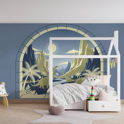 Kids-Mundo moonlit dinosaur mural bringing a dreamy scene to a family playroom wall.