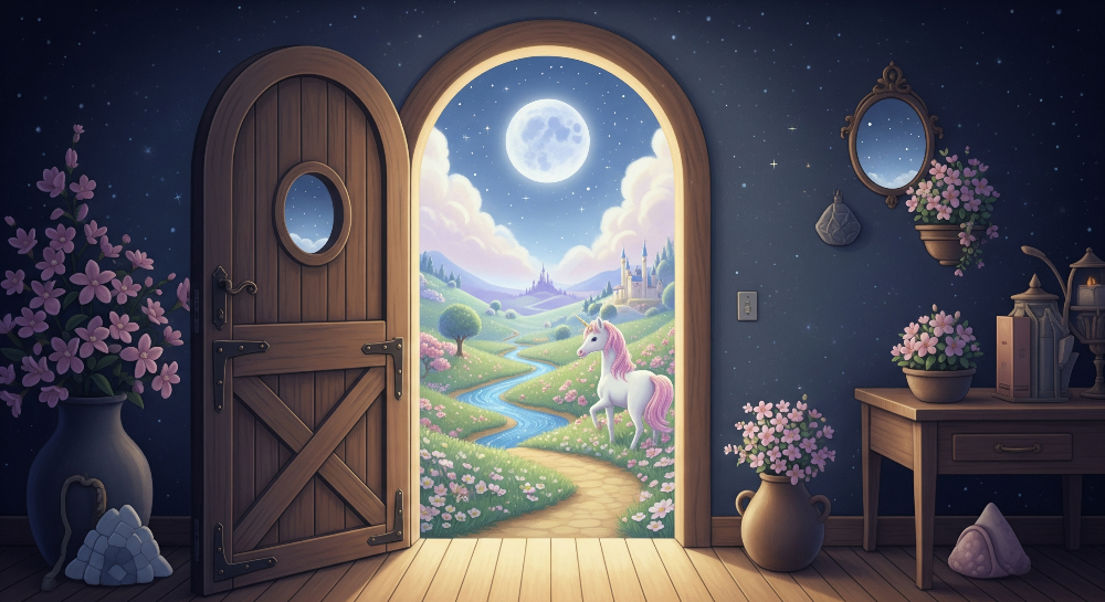Kids-Mundo flat artwork preview of the moonlit unicorn meadow wall mural design before printing.