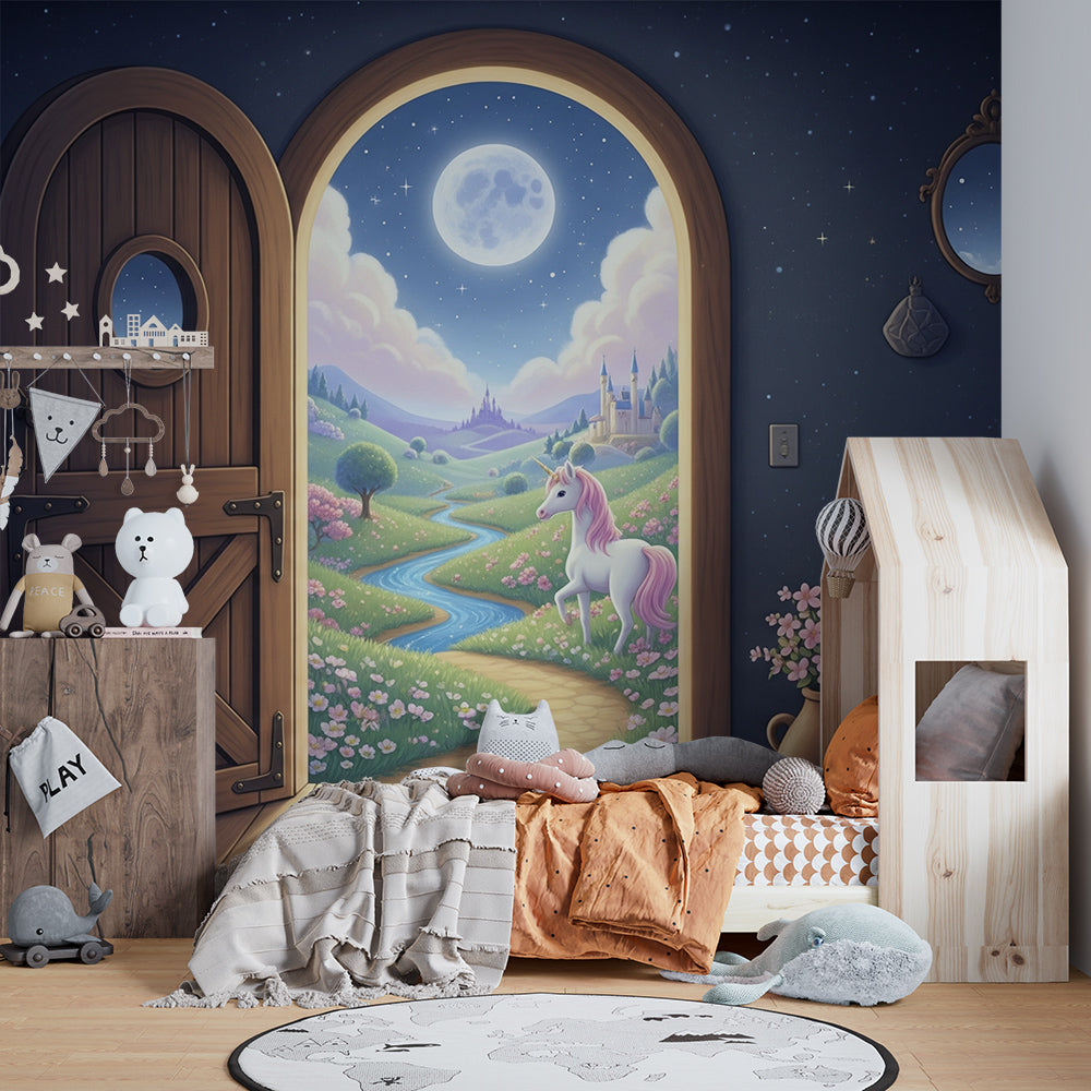 Kids-Mundo unicorn wall mural bringing a starlit meadow and fairytale castle into a playroom feature wall.