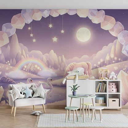 Kids-Mundo unicorn wall mural on a kids' bedroom wall with a crystal arch and full moon