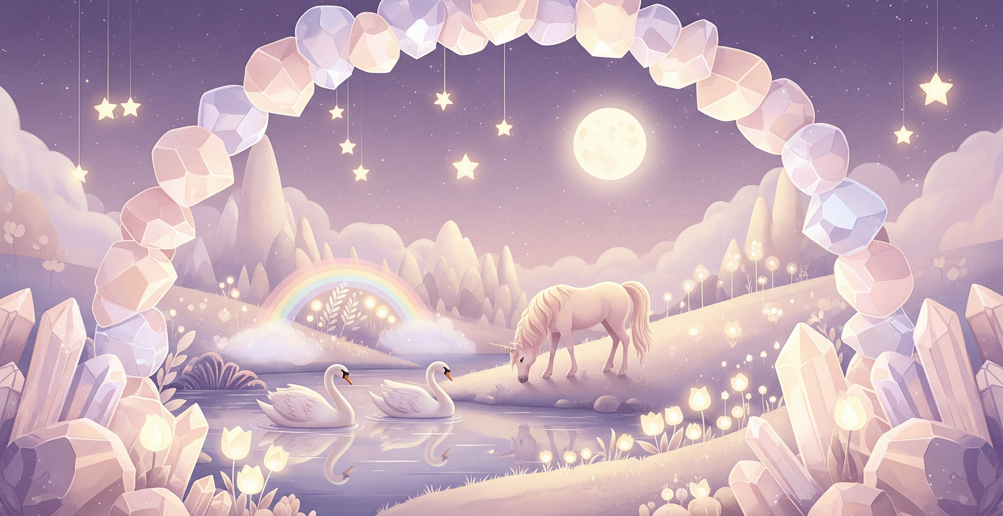 Kids-Mundo flat artwork of the moonlit unicorn and swans crystal arch wall mural