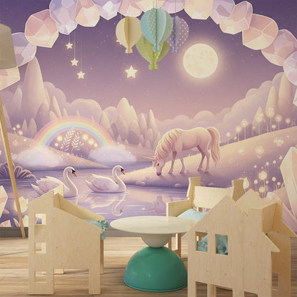 Kids-Mundo moonlit unicorn mural brightening a playroom with swans and a starry sky