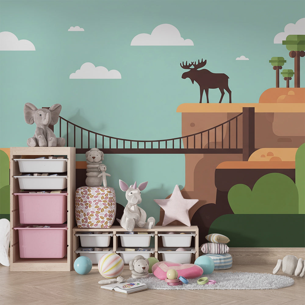 Kids-Mundo moose suspension bridge wall mural behind a bed in a kids bedroom