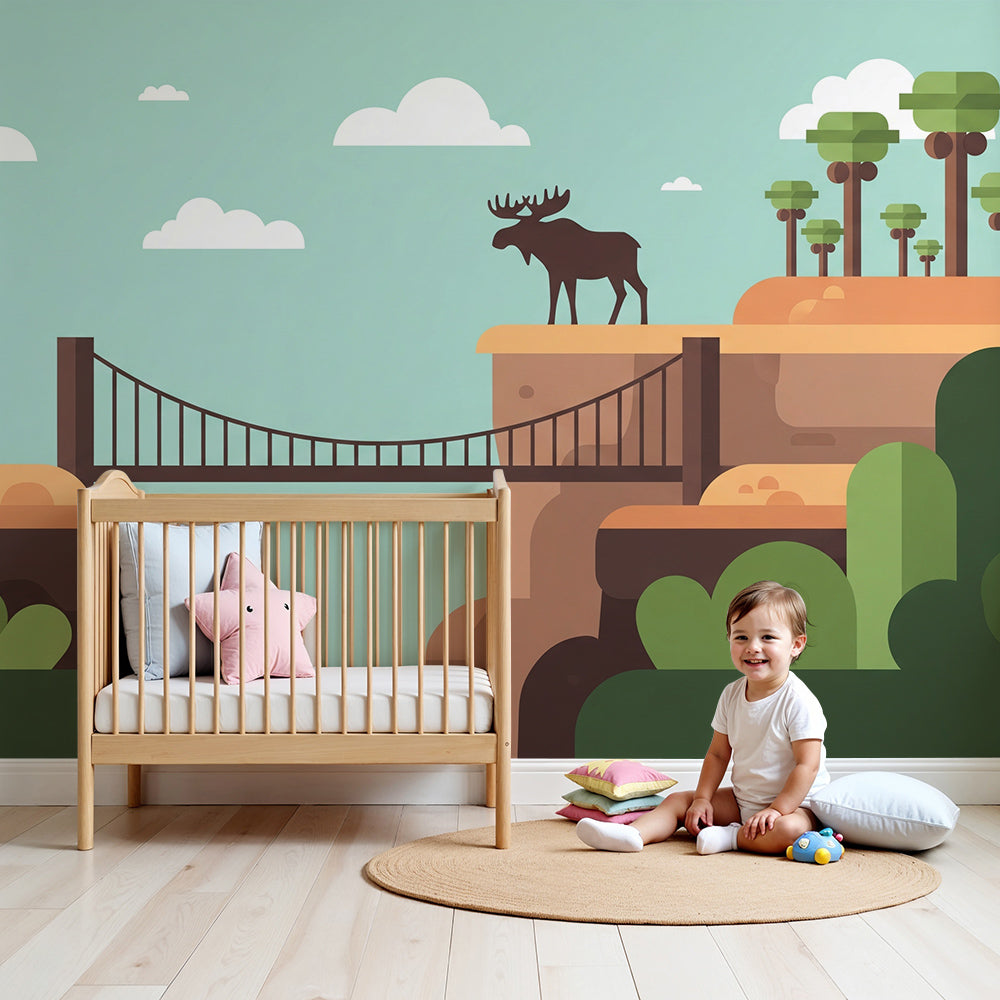 Kids-Mundo moose canyon wall mural in a teal nursery beside a cot and rug