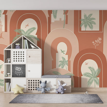 Kids-Mundo Moroccan arch wall mural made to measure covering a feature wall in a kids bedroom