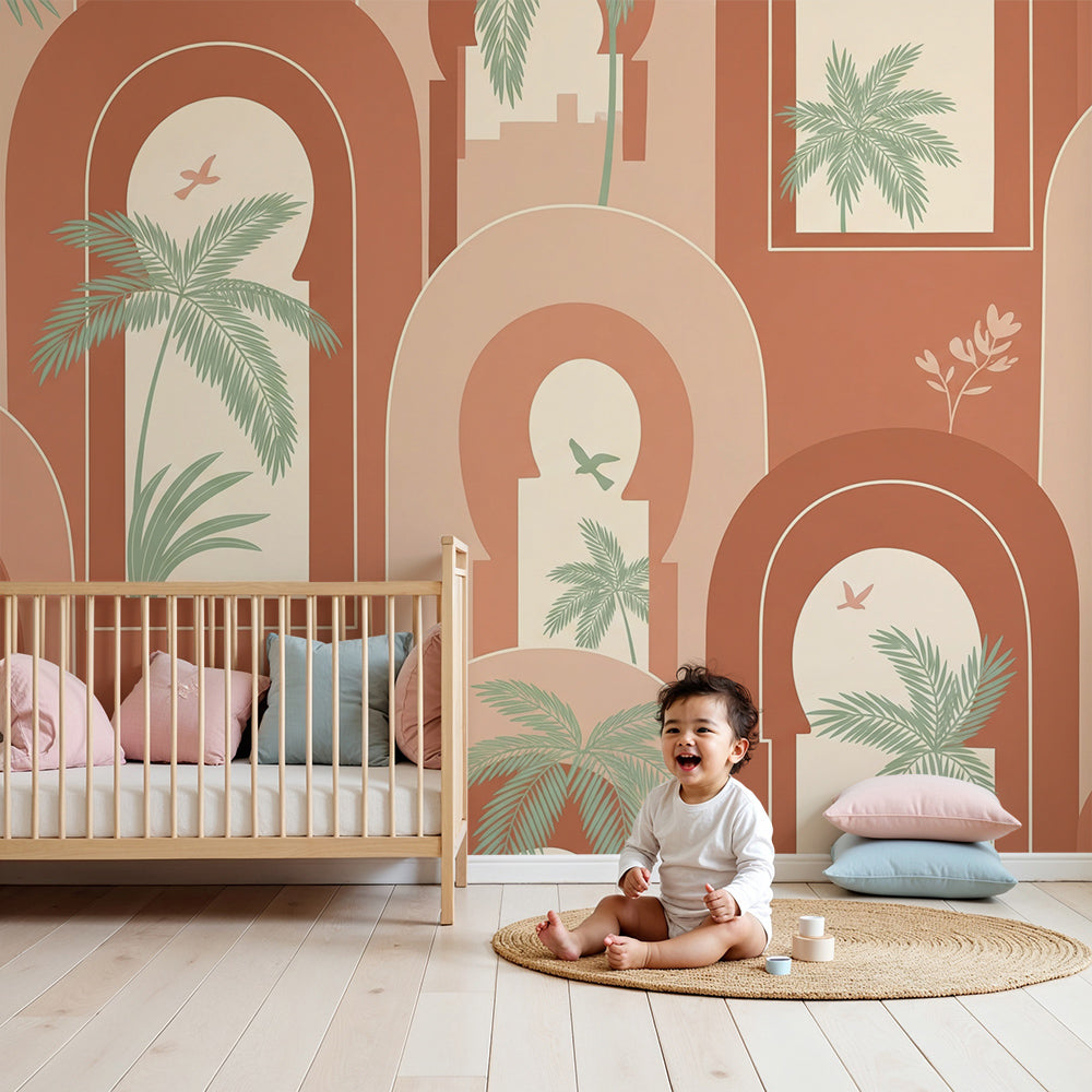 Kids-Mundo Moroccan arches wall mural with palm trees in a warm, characterful nursery