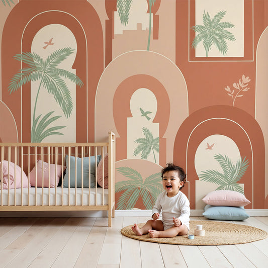 Kids-Mundo Moroccan arches wall mural with palm trees in a warm, characterful nursery