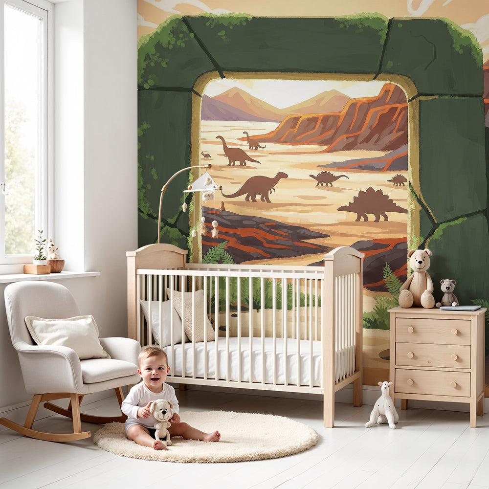 Kids-Mundo mossy portal canyon dinosaur herd mural in a warm-toned nursery room