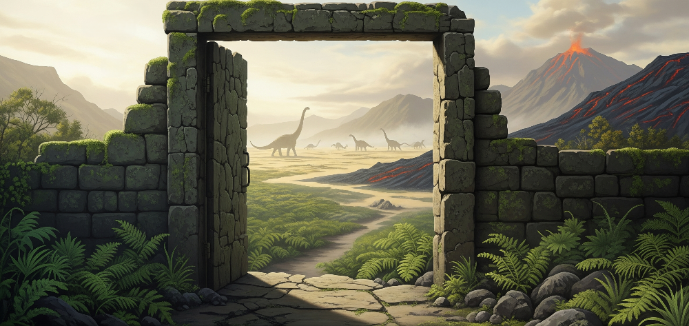 Kids-Mundo flat artwork preview of the mossy stone gateway dinosaur mural design.