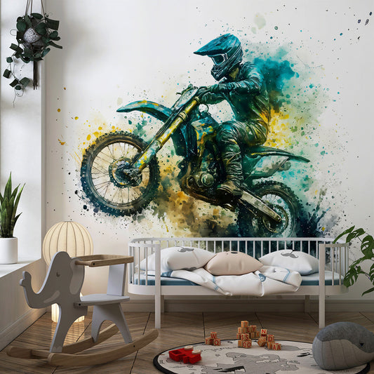 Kids-Mundo motocross wall mural on a kids bedroom wall, featuring a dynamic watercolour splash rider.