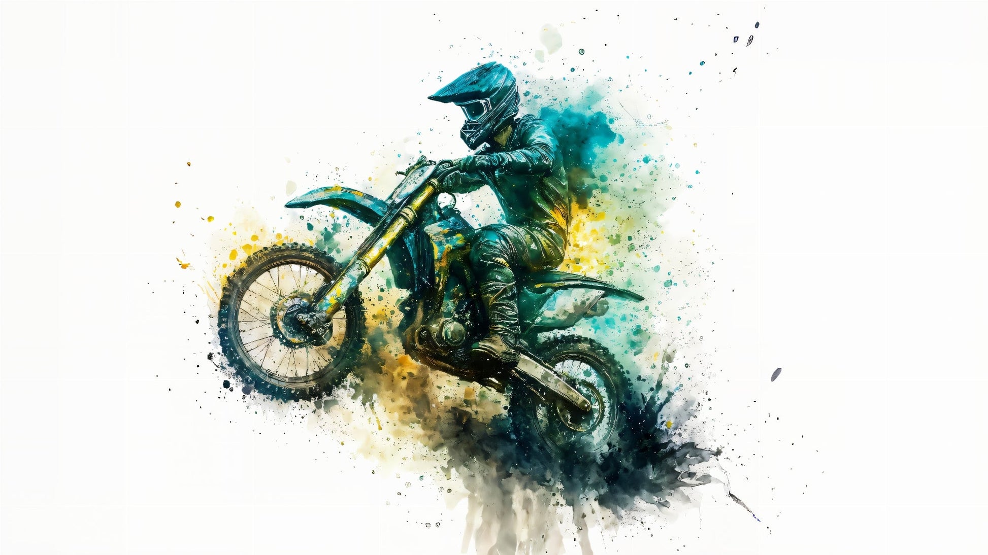 Kids-Mundo flat artwork of a motocross rider in bold teal, gold and black watercolour splashes.