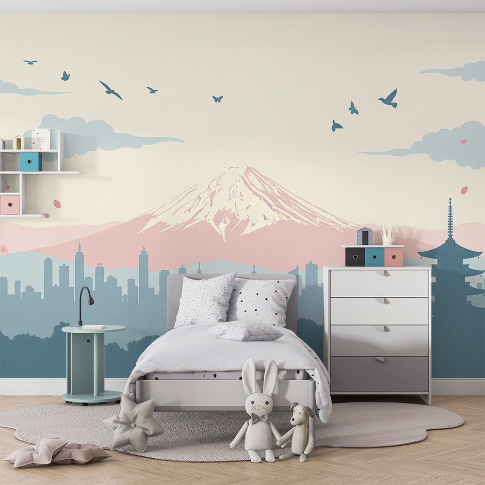 Kids-Mundo Mount Fuji wall mural bringing a calm Japanese skyline into a playroom.