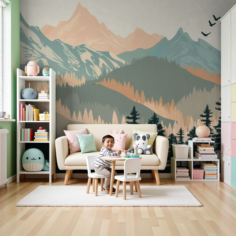 Mountain adventure mural wallpaper with bears in child's bedroom creating woodland atmosphere by Kids-Mundo