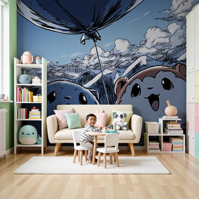 Mountain adventure mural wallpaper with hot air balloon in modern kids bedroom by Kids-Mundo