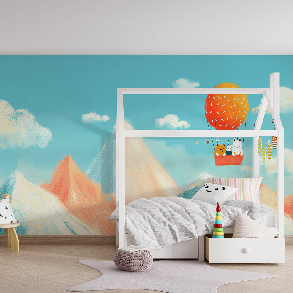 Mountain adventure wallpaper transforming kids bedroom with hot air balloon theme by Kids-Mundo
