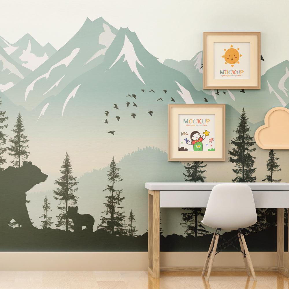 Green mountain landscape wallpaper creating peaceful kids bedroom decor with wildlife theme
