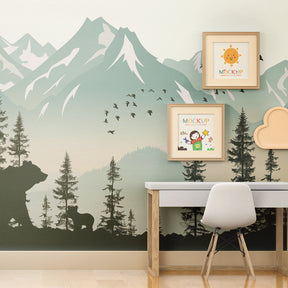Green mountain landscape wallpaper creating peaceful kids bedroom decor with wildlife theme