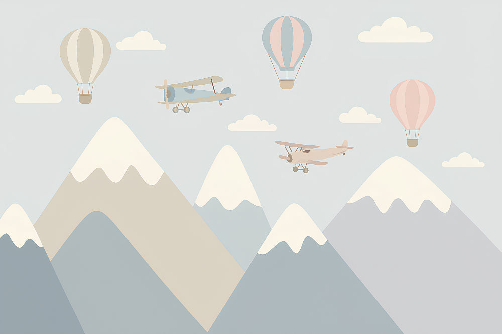 Detailed mountain adventure mural wallpaper design pattern with planes and hot air balloons by Kids-Mundo
