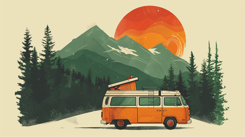 Detailed retro mountain adventure mural wallpaper design pattern with orange van by Kids-Mundo