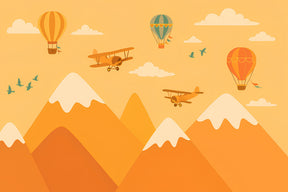 Detailed mountain adventure mural wallpaper design pattern with hot air balloons by Kids-Mundo