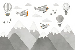 Detailed mountain adventure mural wallpaper design pattern with planes and hot air balloons by Kids-Mundo