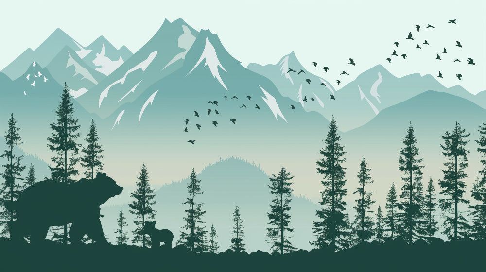 Detailed mountain adventure mural wallpaper design pattern with bears and birds by Kids-Mundo