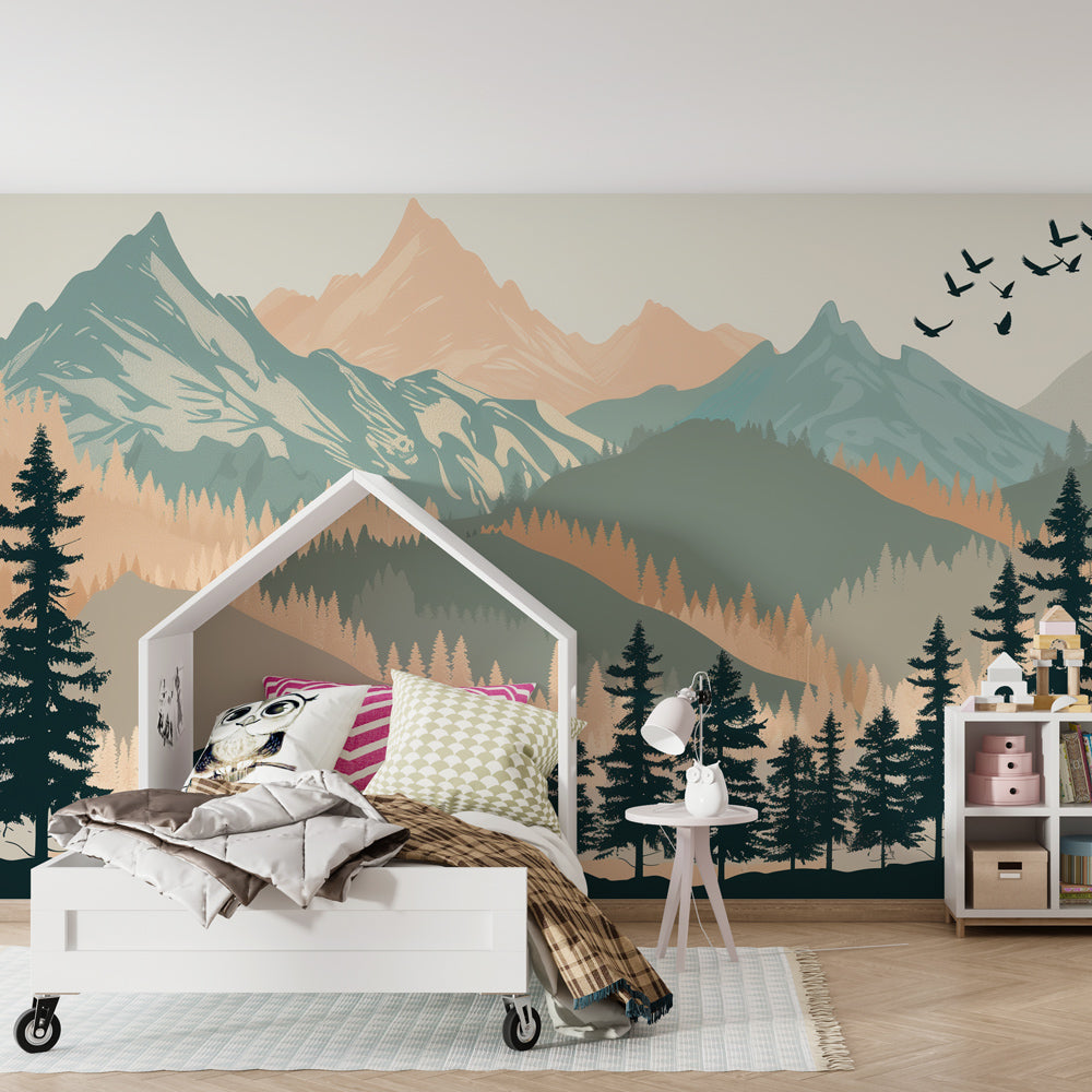 Nature inspired mural wallpaper creating adventure themed kids bedroom with mountain forest scenery