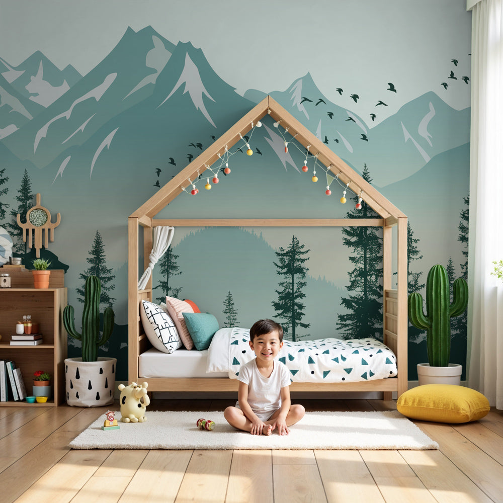 Mountain adventure mural wallpaper with bears and birds in modern nursery by Kids-Mundo