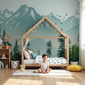 Mountain adventure mural wallpaper with bears and birds in modern nursery by Kids-Mundo