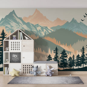 Forest themed mural wallpaper transforming nursery into magical woodland with bears and trees by Kids-Mundo