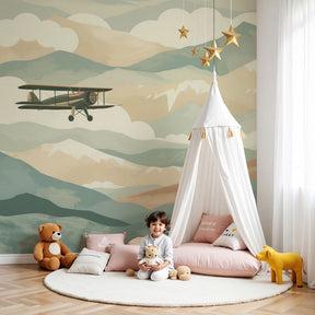 Mountain adventure mural wallpaper with pastel colors in modern nursery by Kids-Mundo