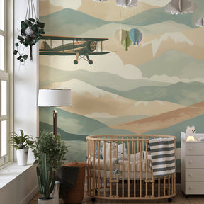 Adventure-themed mountain wallpaper transforming kids' playroom into alpine retreat
