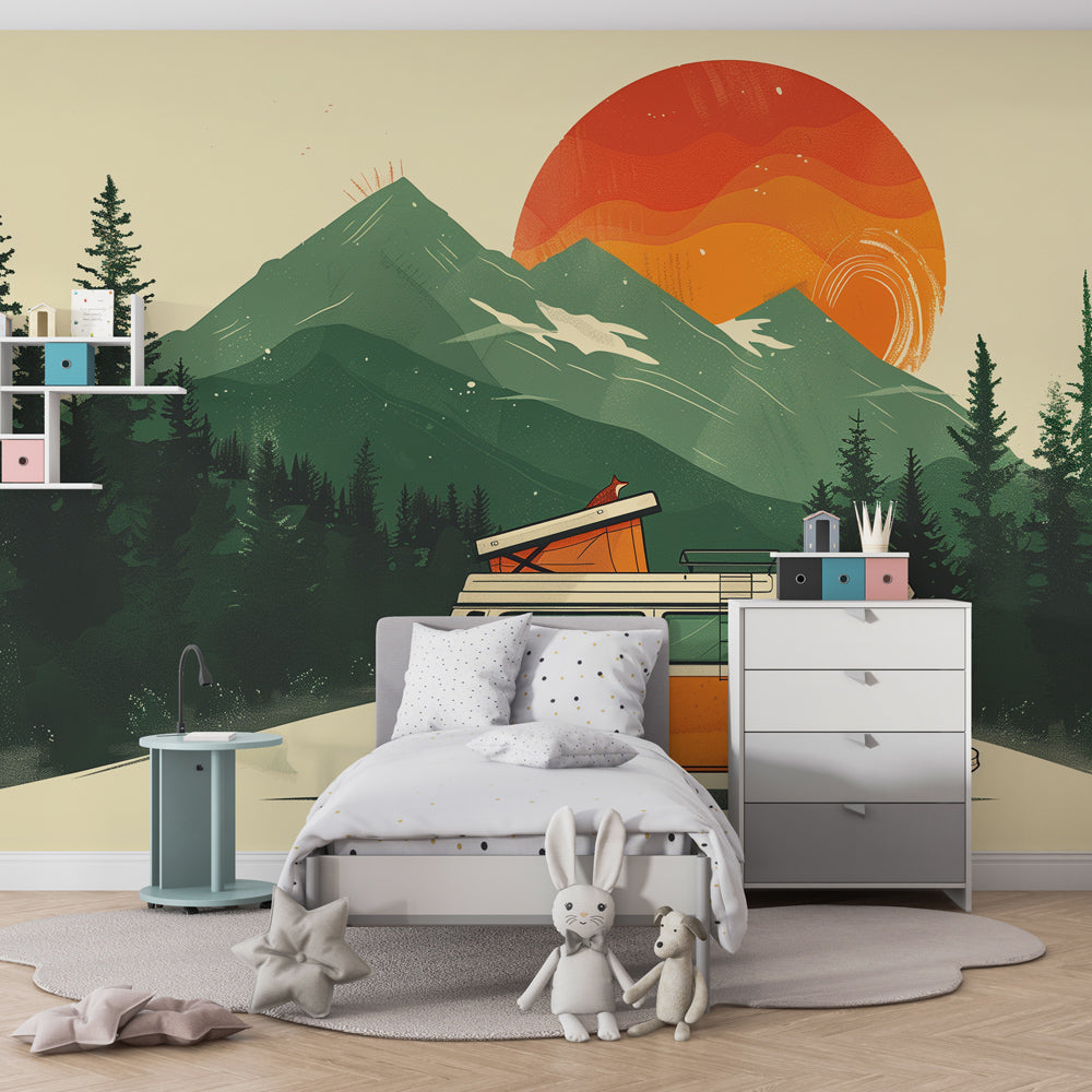 Orange van mountain adventure wallpaper transforming children's playroom by Kids-Mundo