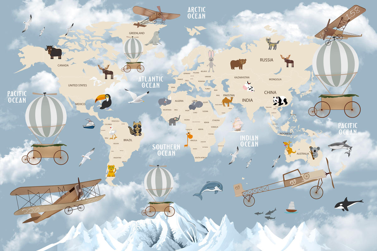 Animal World Map with Mountains Wall Mural