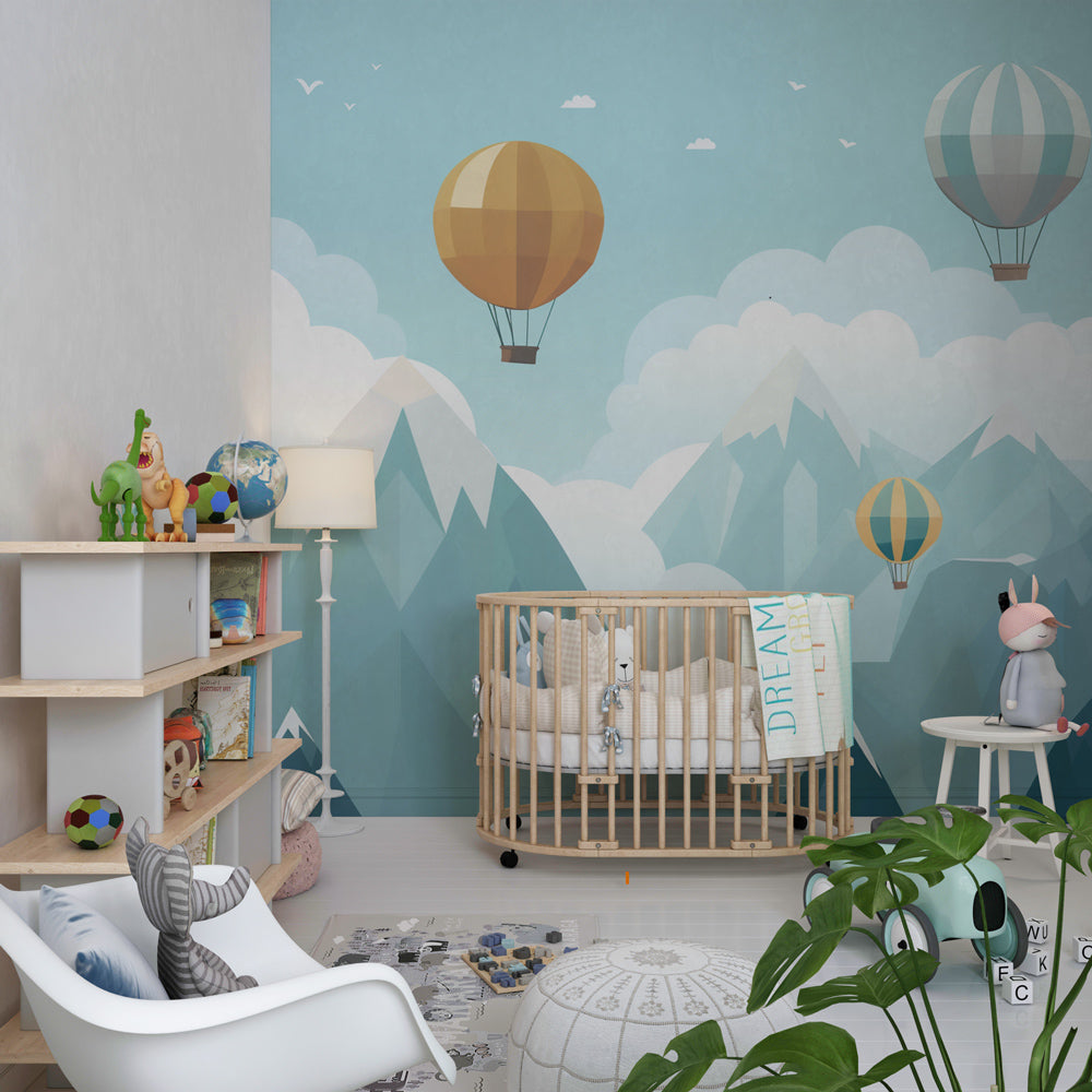 Kids-Mundo mountain balloon wallpaper mural in a children's bedroom, adding an adventurous feature wall.
